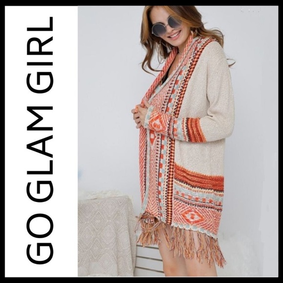NWT Aztec Print Fringed Long Knit Boho Cardigan - Picture 3 of 6